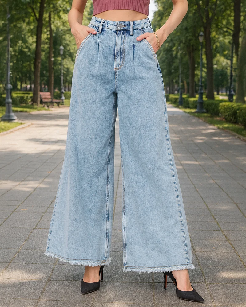 بيواكوف Women's Light Blue Washed Flared Korean Jeans